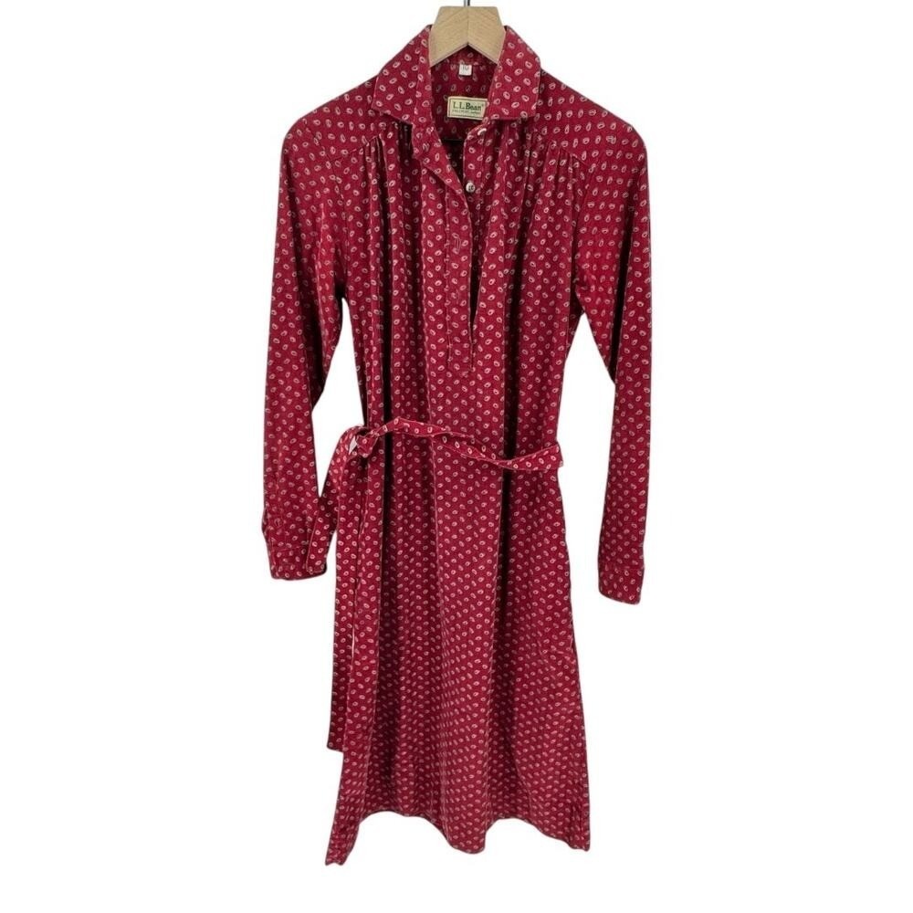 Vintage L.L. Bean Boho Paisley Print Shirtdress Maroon Belted Corduroy Size 10